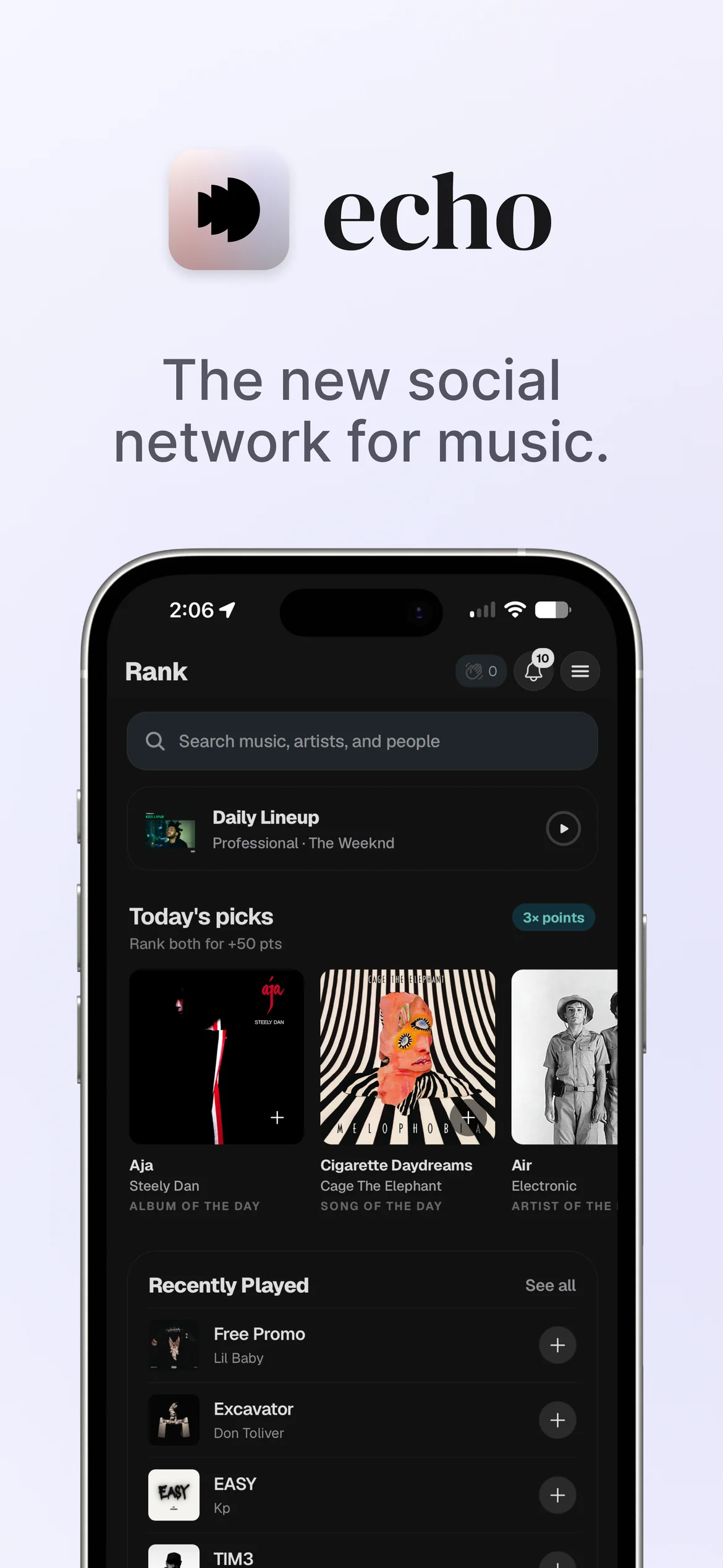 Echo's Rank tab, showing a daily lineup and today's picks