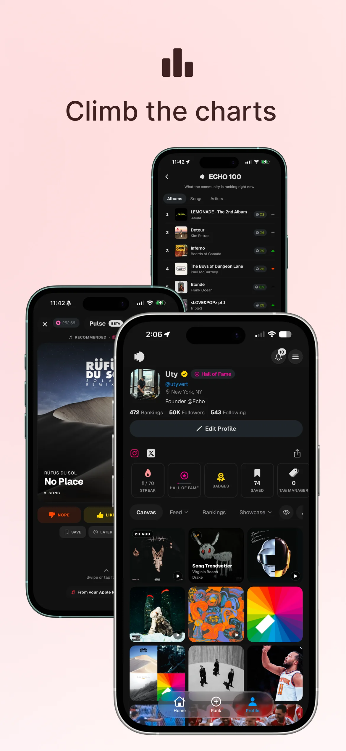 The Echo 100 chart, the Pulse swipe deck, and a profile canvas